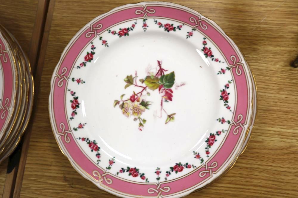 A set of eight floral and gilt dessert plates and comport and a Copenhagen penguin miniature vase and frog leaf dish